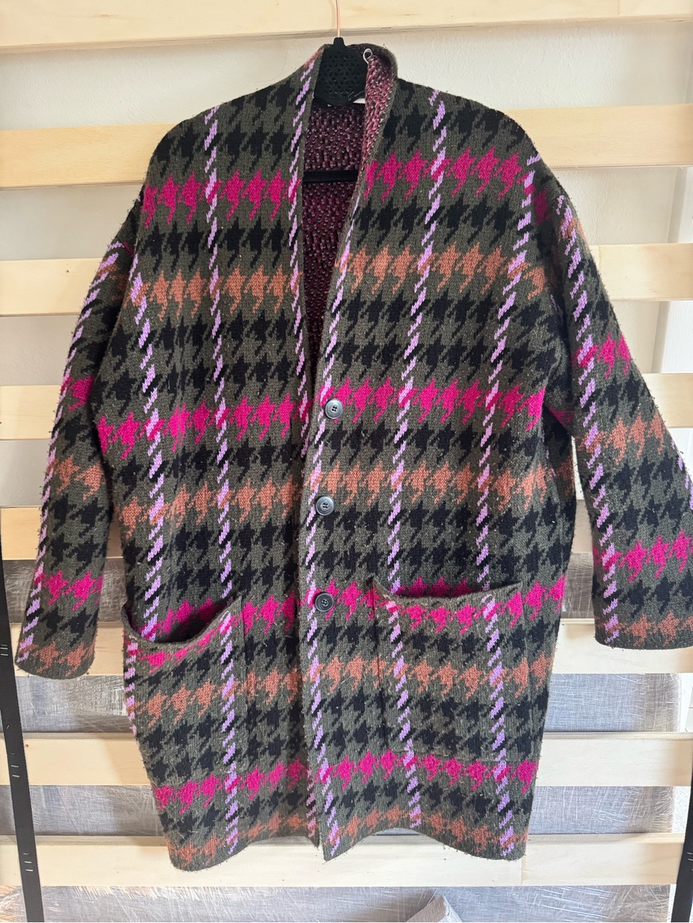 NAADAM 100% Wool Plaid Houndstooth Long Cardigan Coatigan Size XS